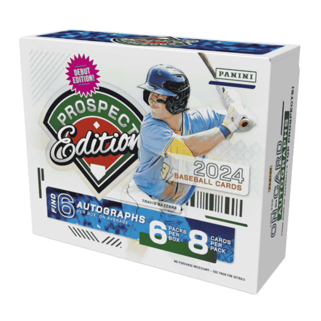 A 2024 Panini Prospect Edition baseball hobby box featuring Travis Bazzana on the packaging.
