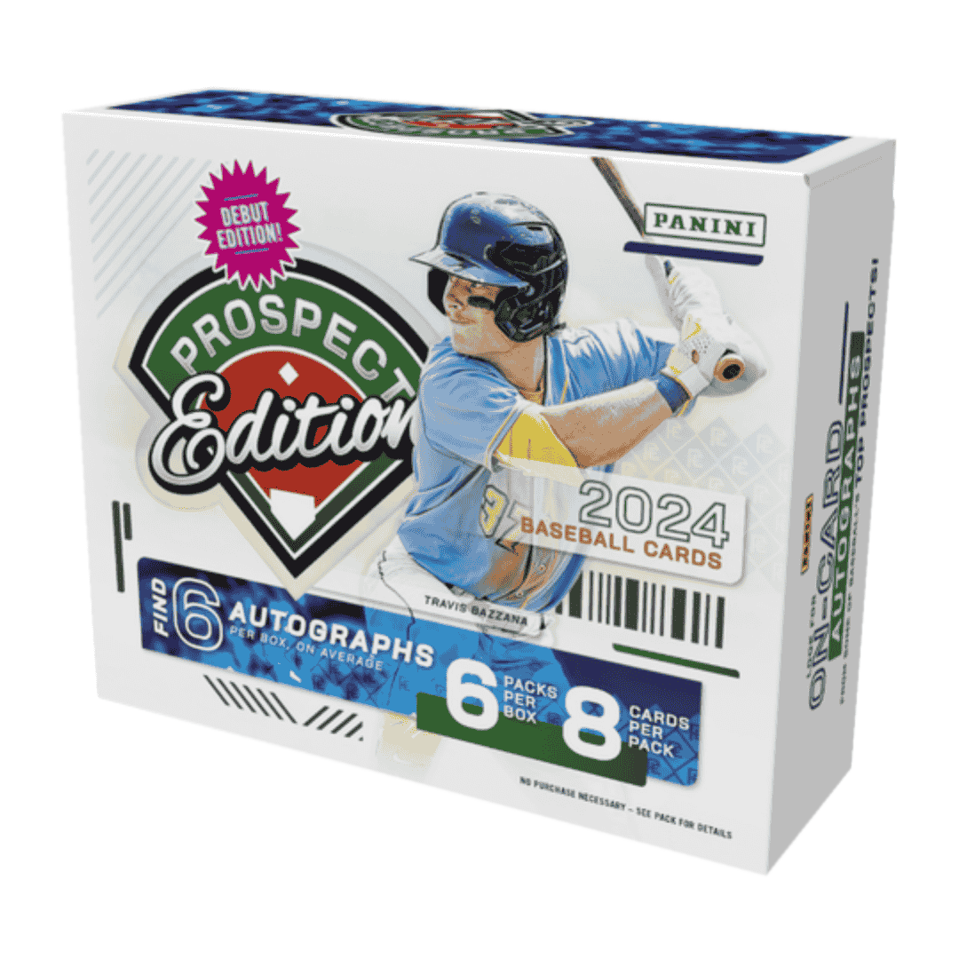 A 2024 Panini Prospect Edition baseball hobby box featuring Travis Bazzana on the packaging.