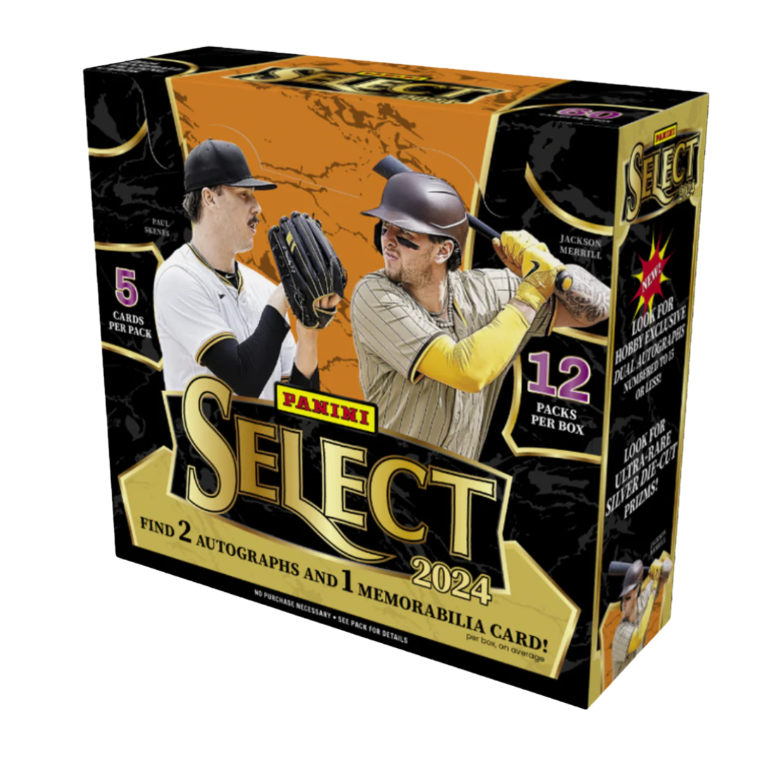 A 2024 Panini Select baseball hobby box featuring Paul Skenes and Jackson Merrill on the cover.