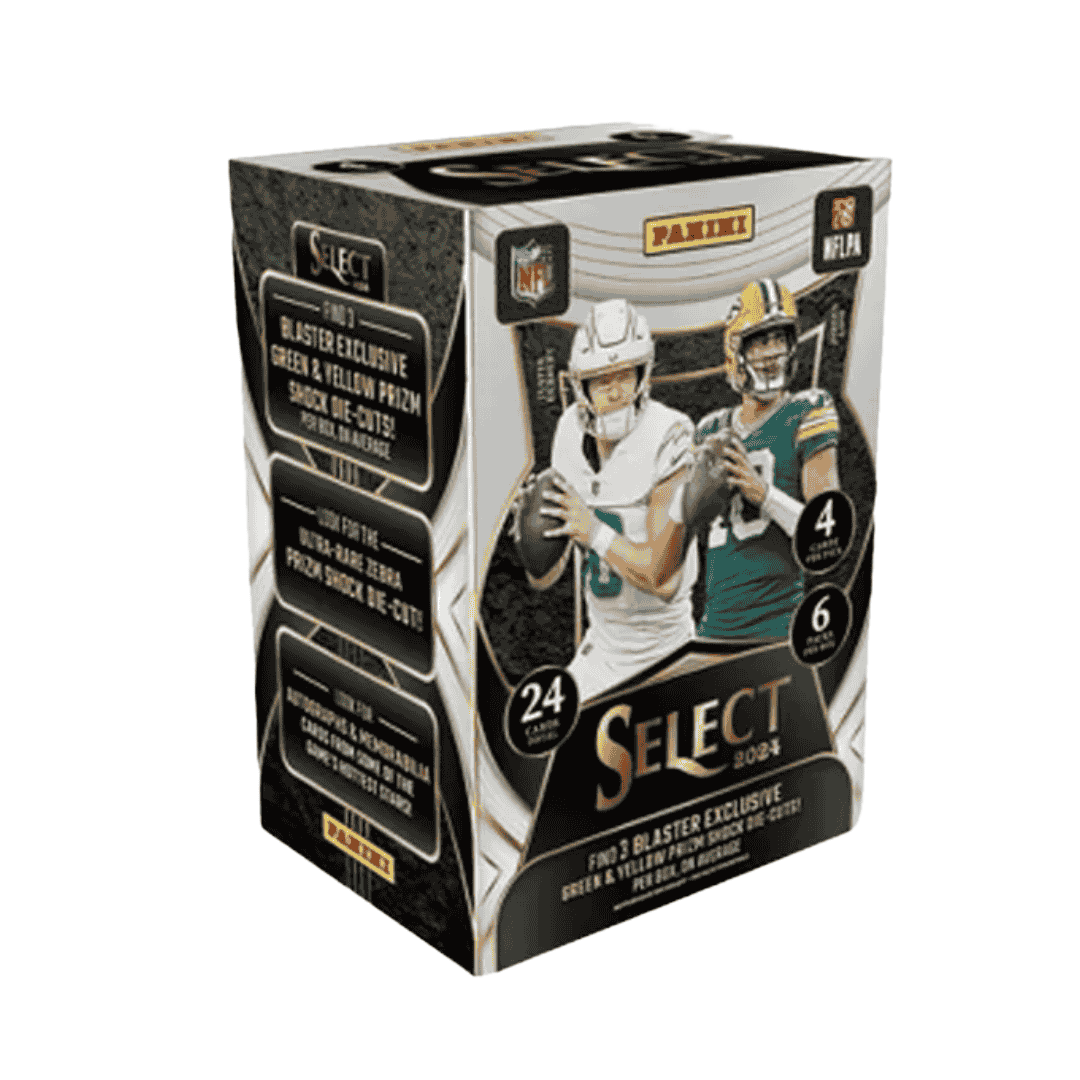 A 2024 Panini Select Football blaster box featuring images of NFL players on the packaging.