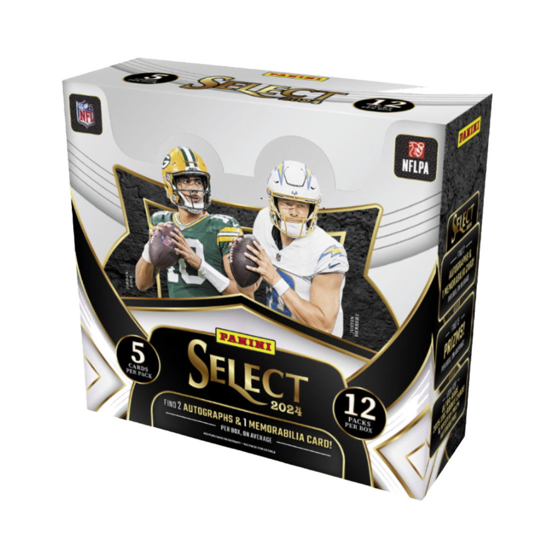 A 2024 Panini Select football hobby box featuring Jordan Love and Justin Herbert on the cover.