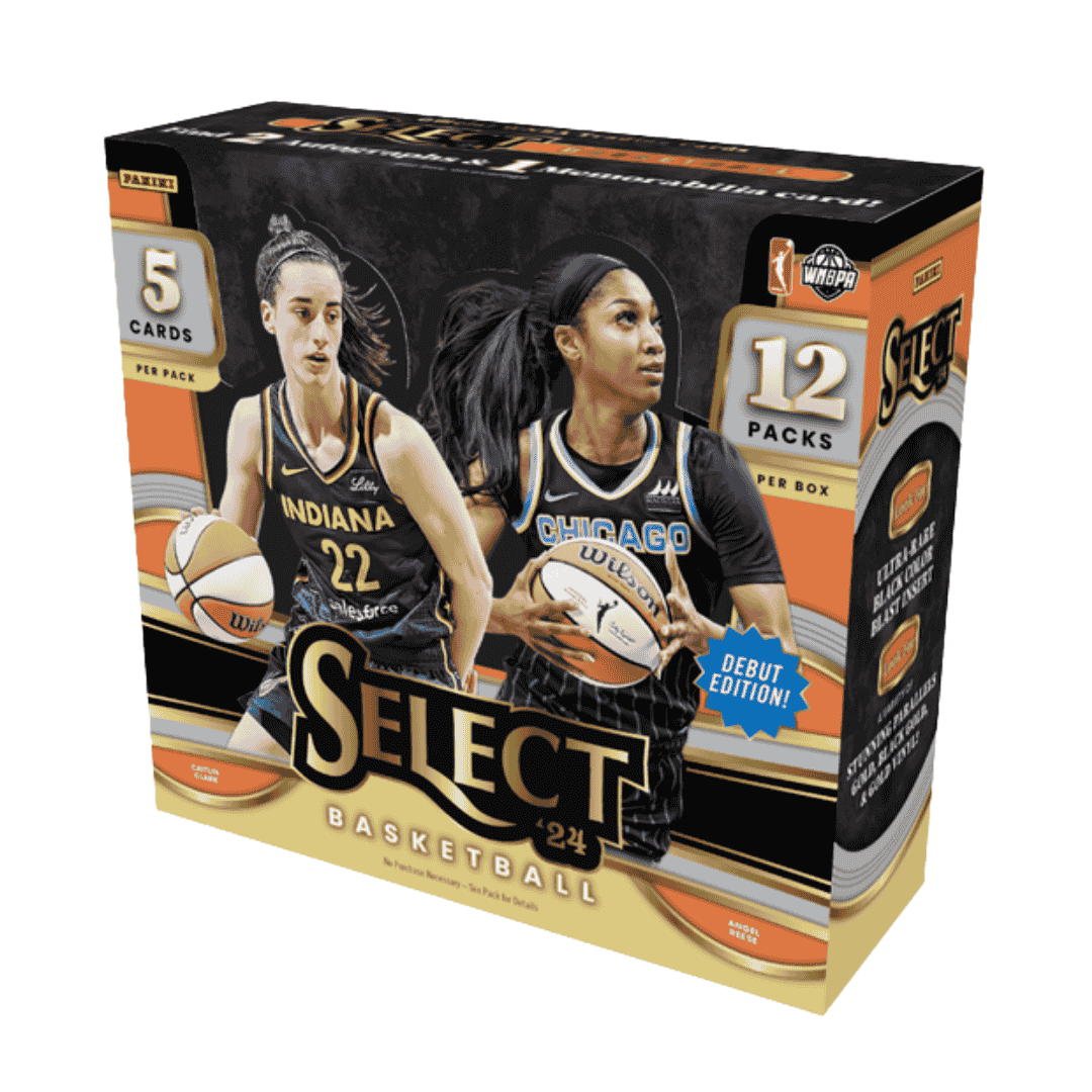 A 2024 Panini Select WNBA basketball hobby box featuring Caitlin Clark and Angel Reese.