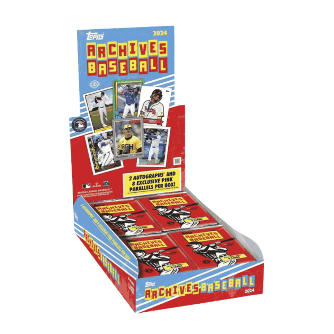 A 2024 Topps Archives Baseball hobby box containing multiple packs of trading cards.