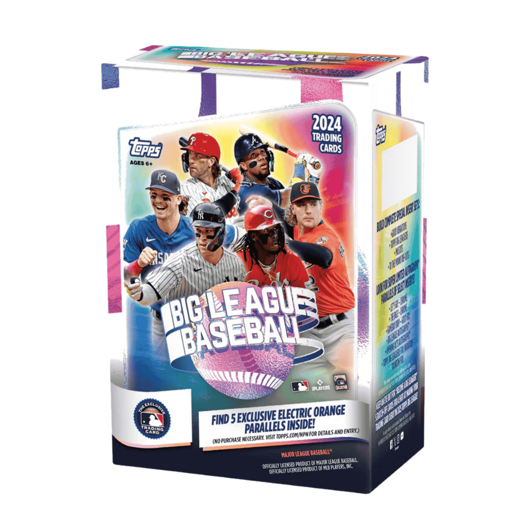 A 2024 Topps Big League Baseball blaster box featuring various MLB players on the packaging.
