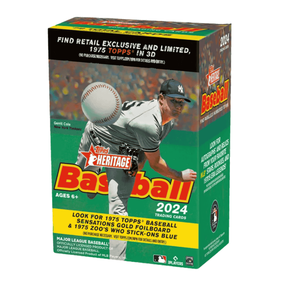 A 2024 Topps Heritage Baseball blaster box featuring Gerrit Cole on the packaging.