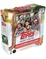 A 2025-26 Topps Holiday Basketball Mega Box featuring festive packaging and NBA player imagery.