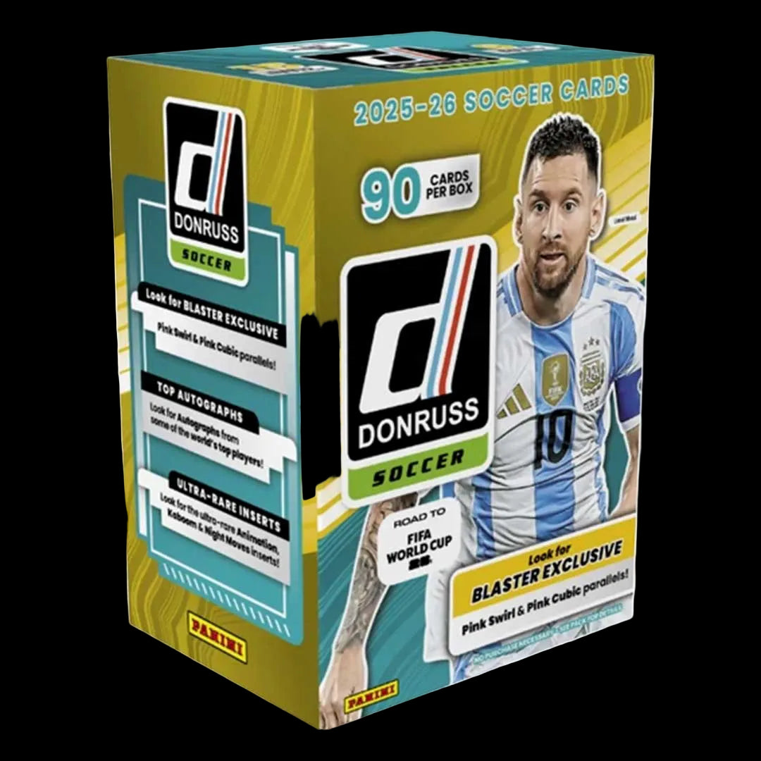 A 2025-26 Panini Donruss Road to World Cup soccer blaster box featuring Lionel Messi.