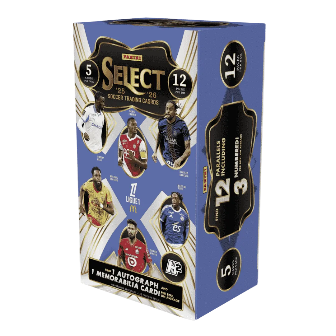 Panini Select soccer trading cards packaging with player images on a blue background