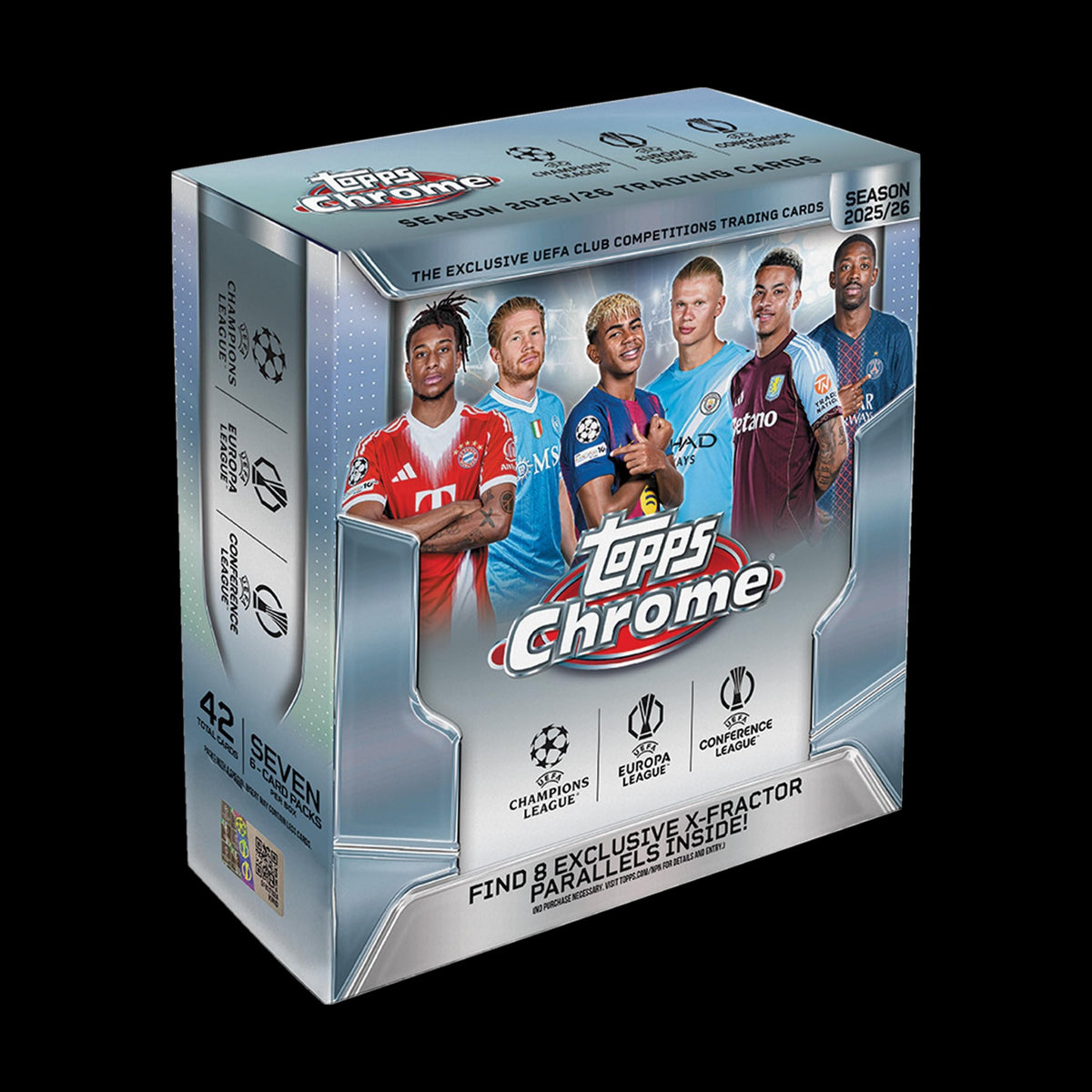2025-26 Topps UEFA Club Competitions Chrome Soccer Mega Box, sealed, front and side view on a black background.