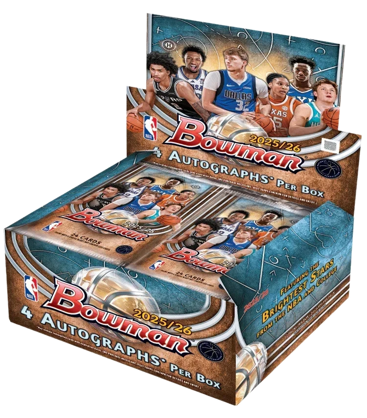 A 2025-26 Bowman Basketball jumbo hobby box featuring images of various NBA players.