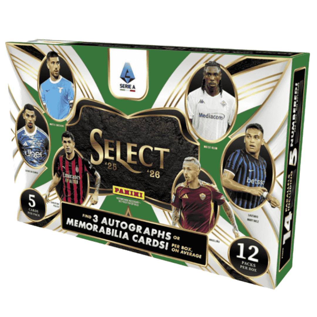 A 2025-26 Panini Select Serie A soccer hobby box featuring images of various professional players.