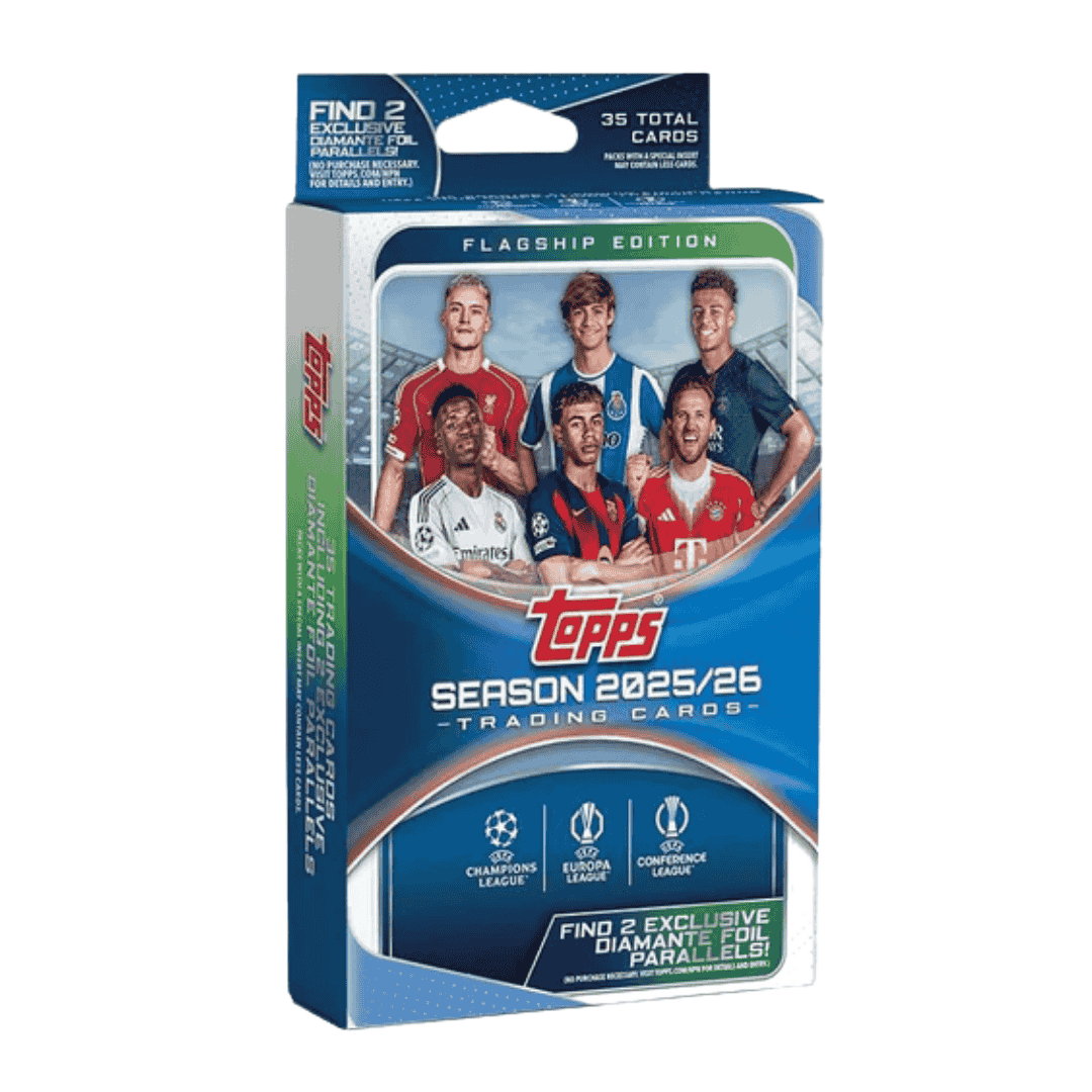 A 2025-26 Topps UEFA Club Competitions soccer trading card hanger box.
