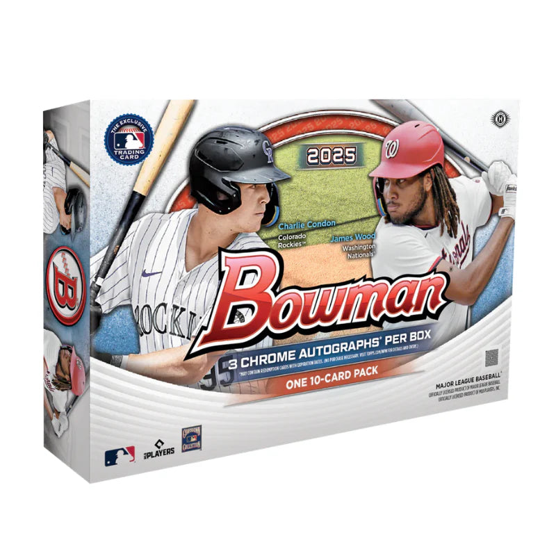 A 2025 Bowman Baseball Breaker's Delight box featuring Charlie Condon and James Wood.