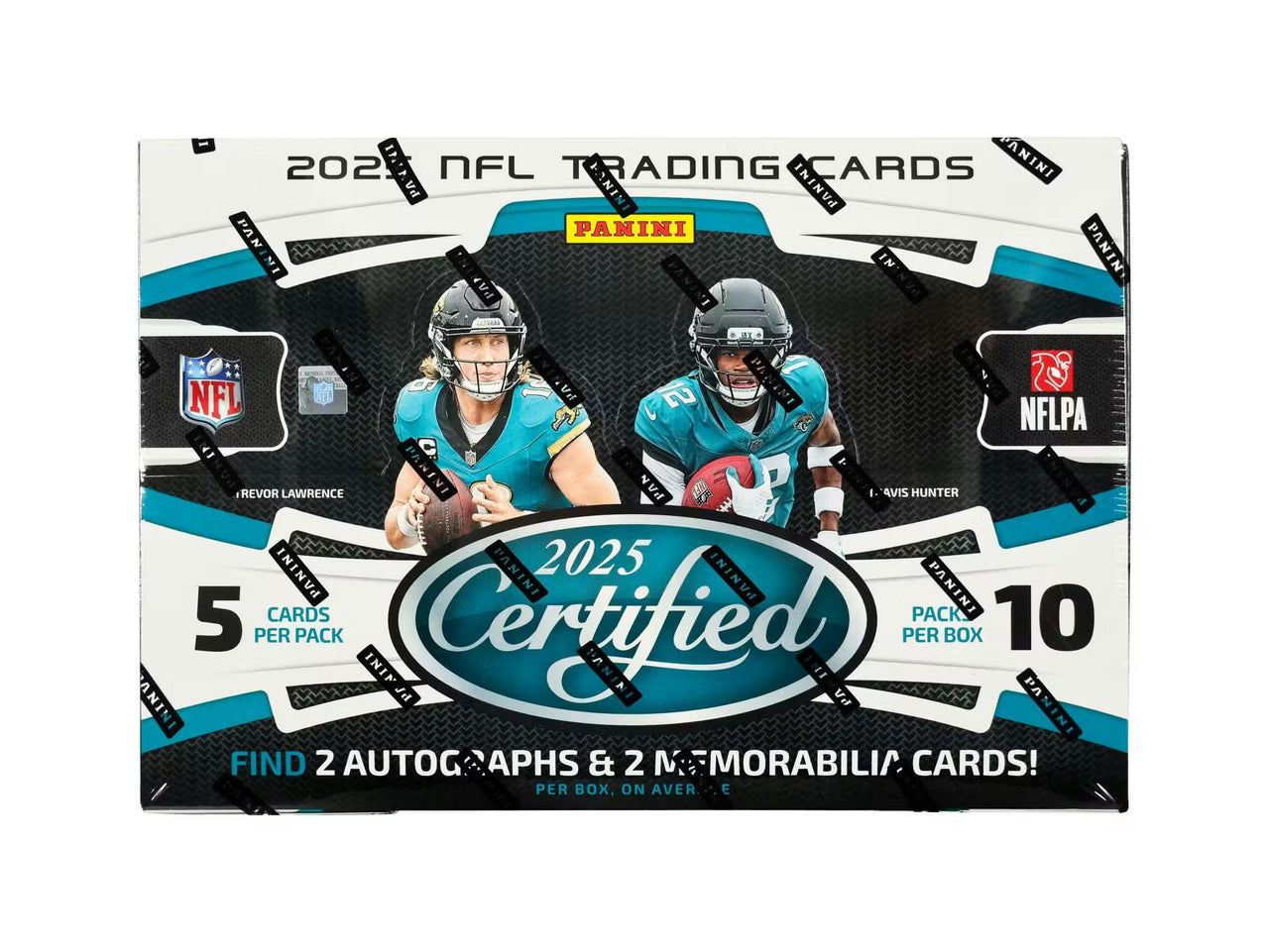 A 2025 Panini Certified Football hobby box featuring Trevor Lawrence and Travis Hunter.