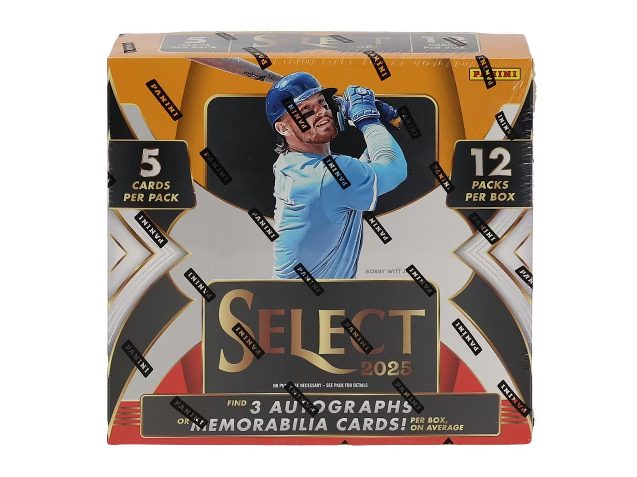 A 2025 Panini Select baseball hobby box featuring Bobby Witt Jr. on the front.