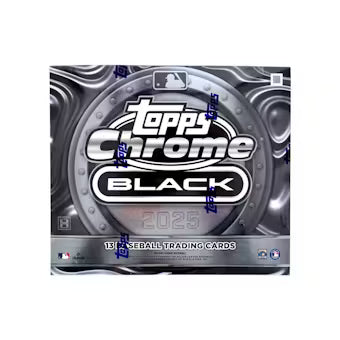 A 2025 Topps Chrome Black baseball hobby box featuring a metallic, circular design.