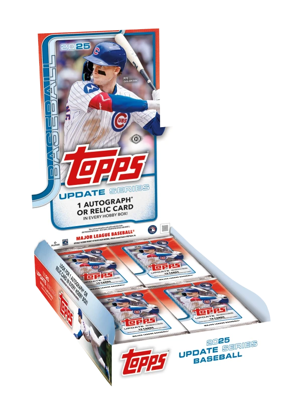 A 2025 Topps Update Series baseball hobby box containing multiple packs of trading cards.
