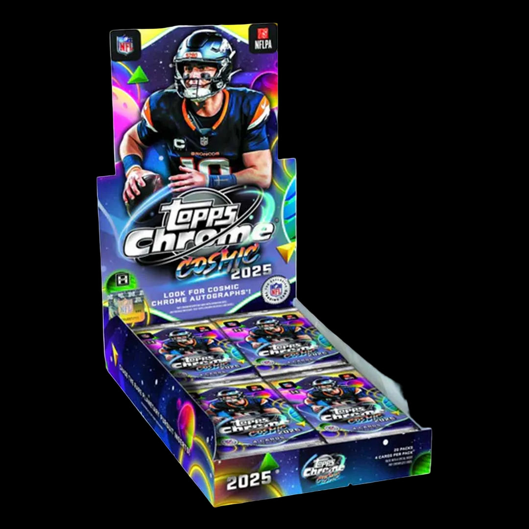 Topps Chrome Cosmic 2025 trading card pack with a football player on the front.