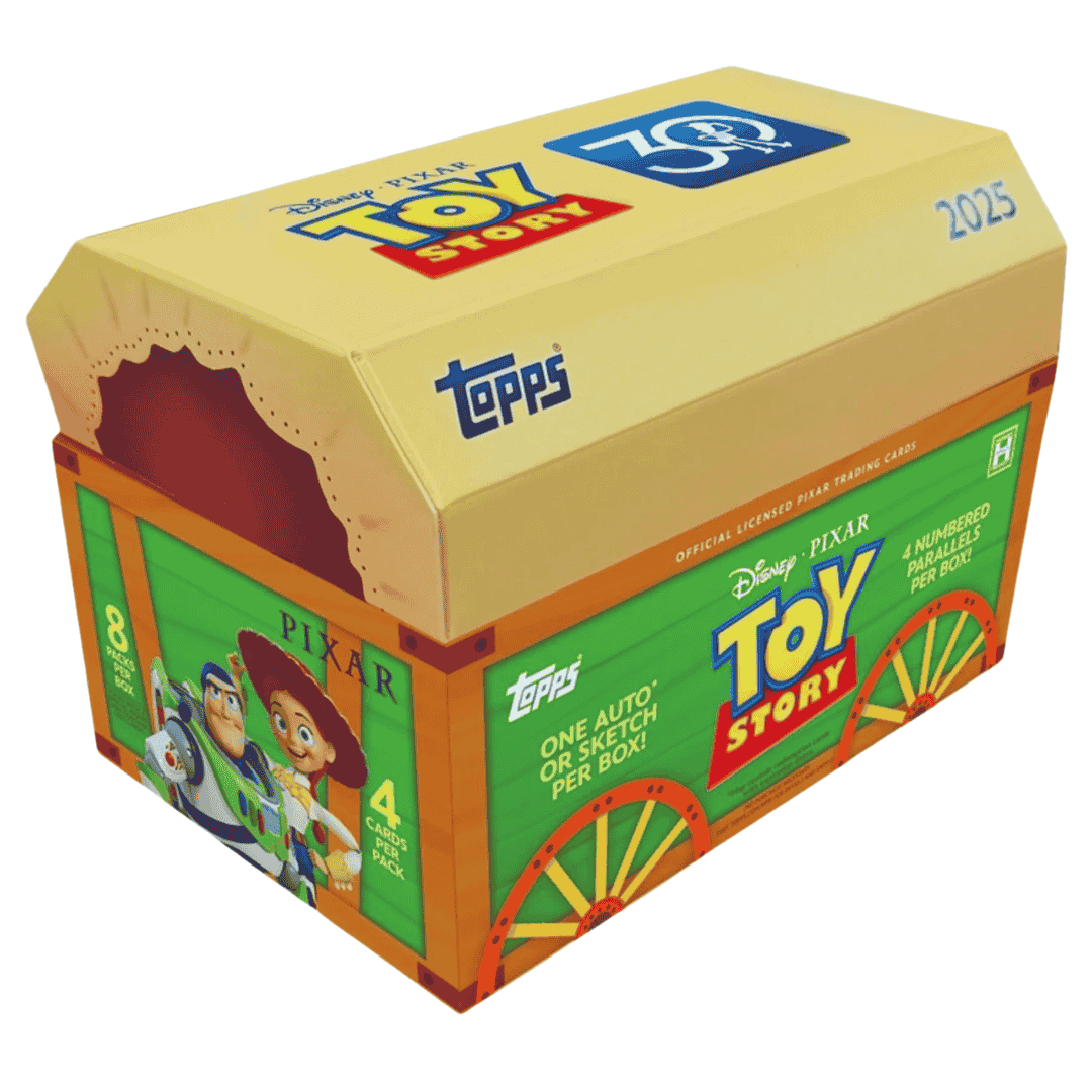 A 2025 Topps Toy Story 30th anniversary hobby box shaped like a wooden toy chest.