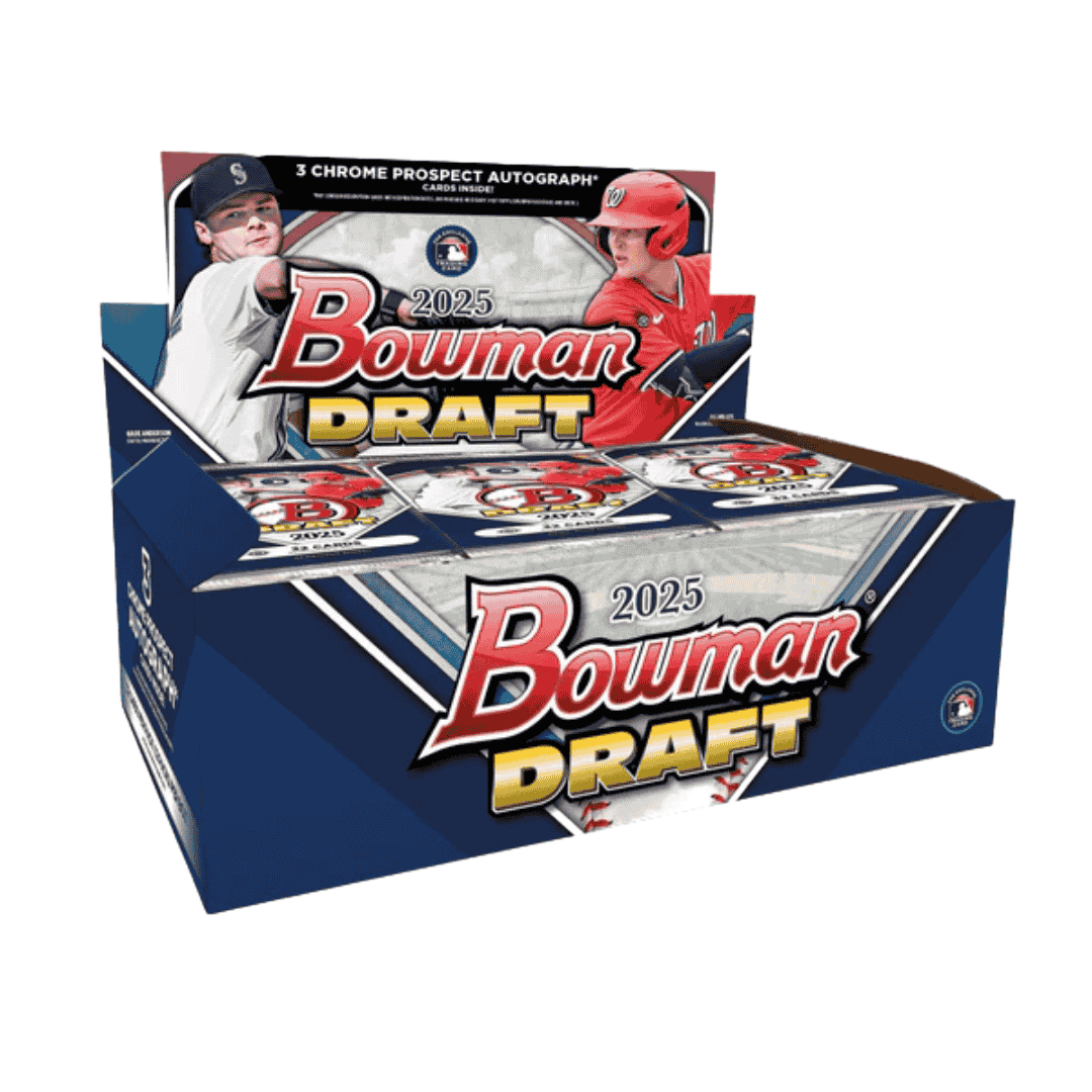 A 2025 Bowman Draft baseball hobby box featuring branding and player imagery.
