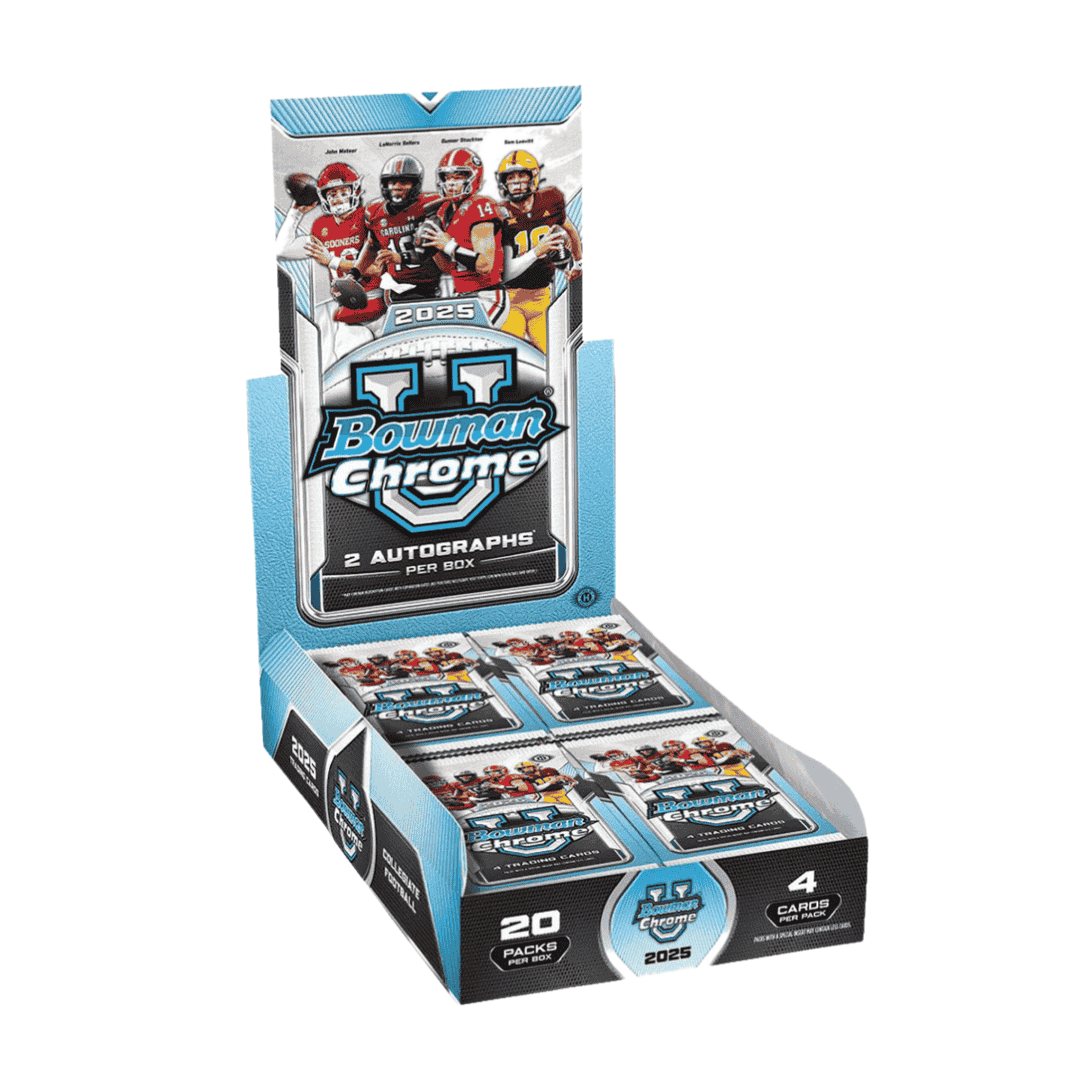 A 2025 Bowman University Chrome football hobby box containing twenty packs of trading cards.