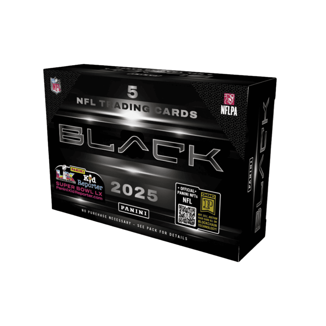 A 2025 Panini Black football hobby box featuring a sleek black design and five trading cards.