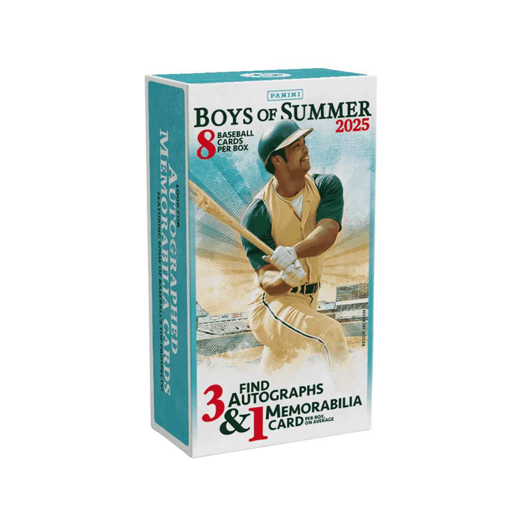 A 2025 Panini Boys of Summer baseball hobby box featuring an illustration of a batter.