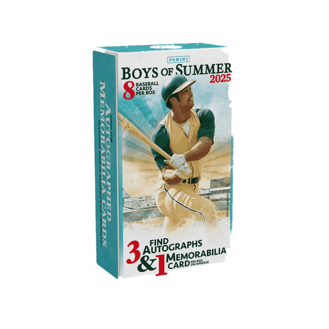 A 2025 Panini Boys of Summer baseball hobby box featuring an illustration of a batter.