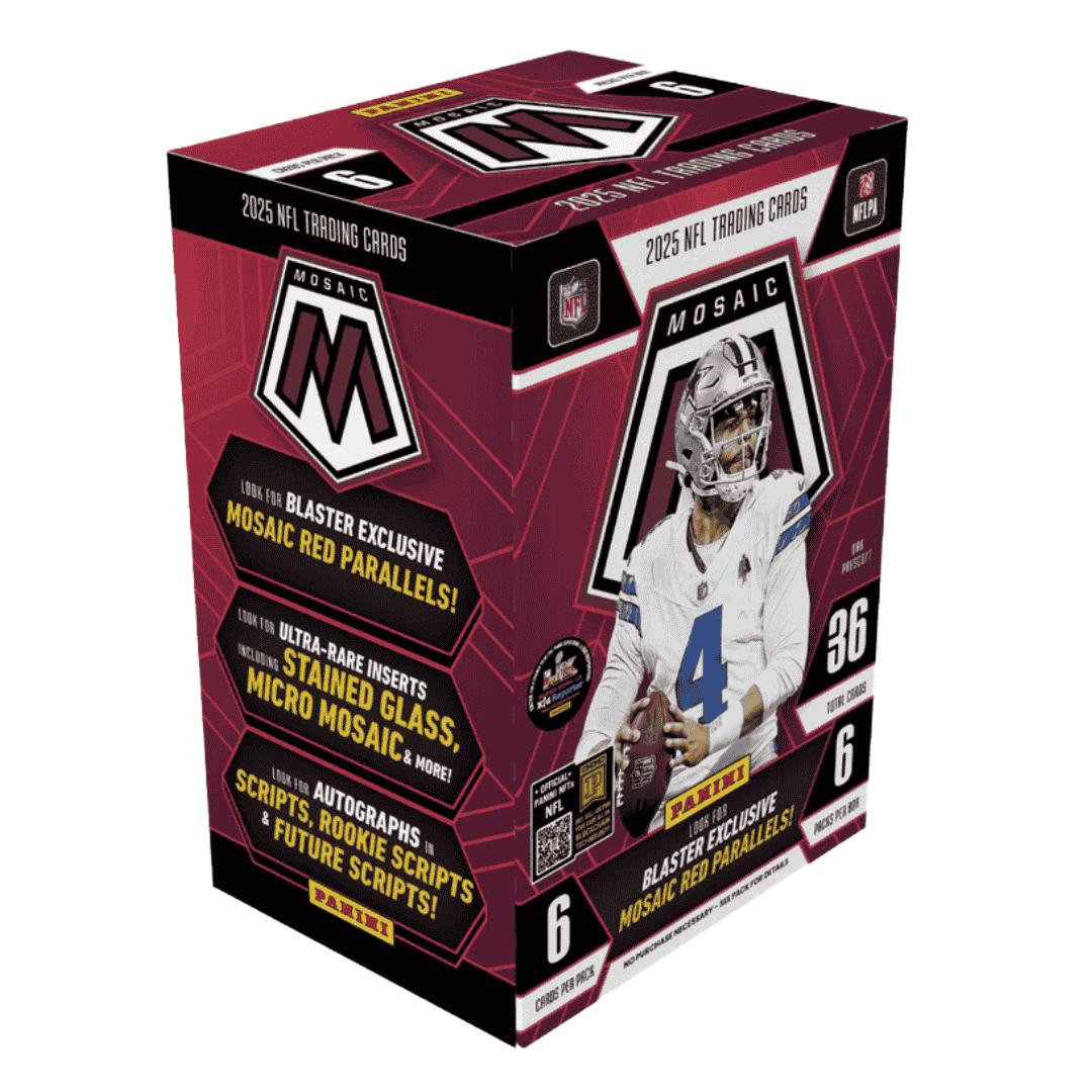 A 2025 Panini Mosaic football trading card blaster box featuring Dak Prescott on the packaging.