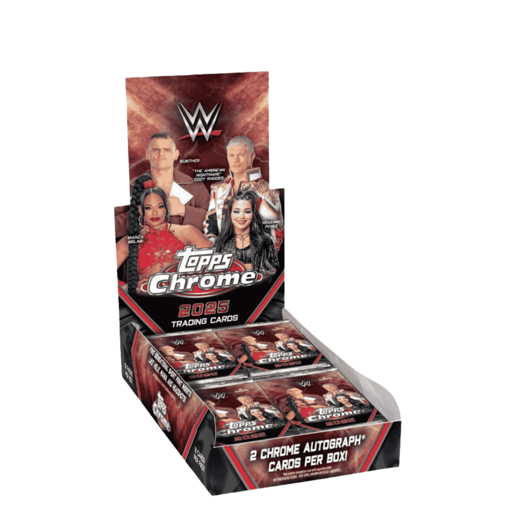 A 2025 Topps Chrome WWE hobby box featuring wrestling superstars on the packaging.