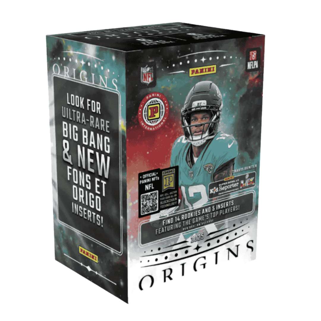 A 2025 Panini Origins Football International blaster box featuring a space-themed design.