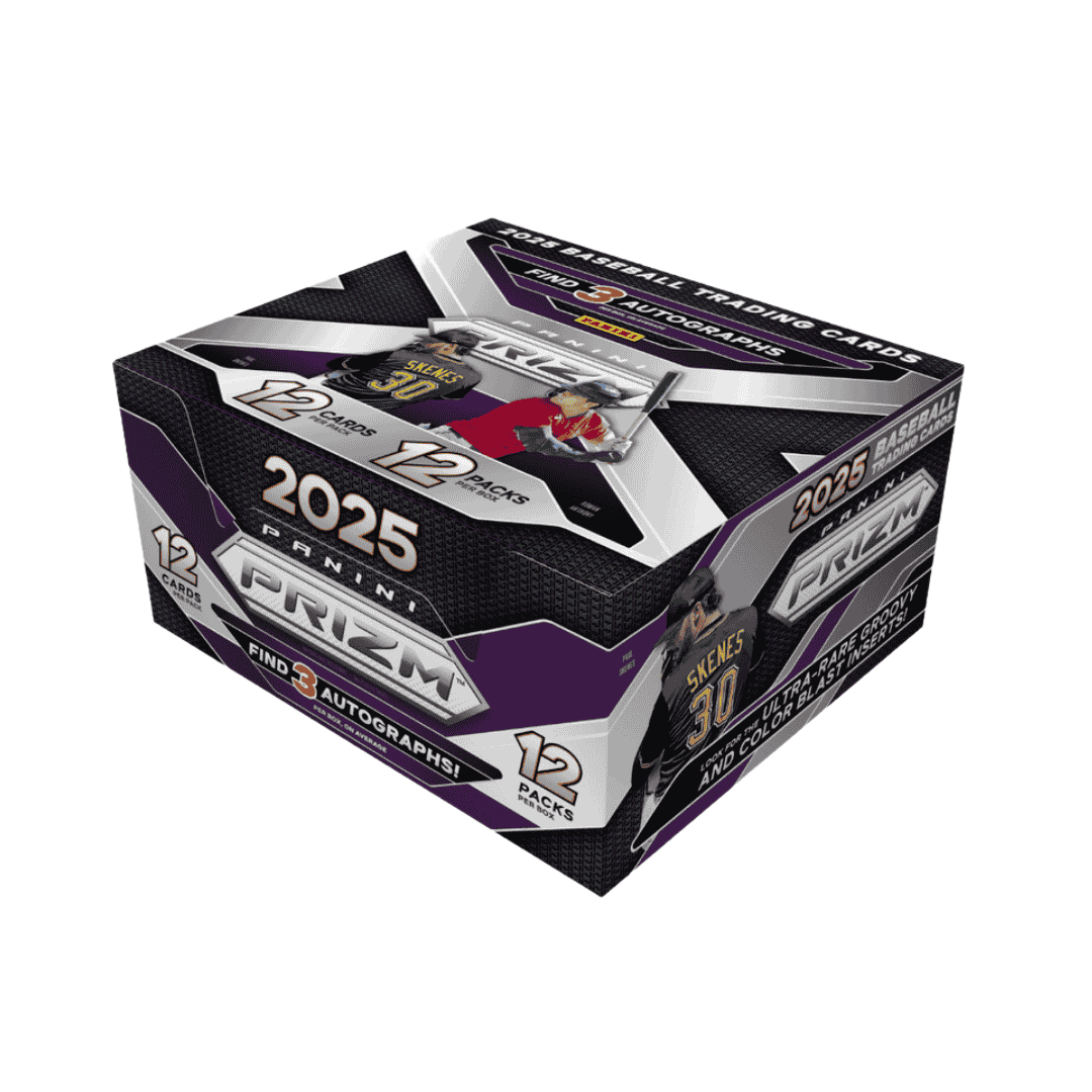 A 2025 Panini Prizm Baseball hobby box featuring imagery of Paul Skenes on the packaging.