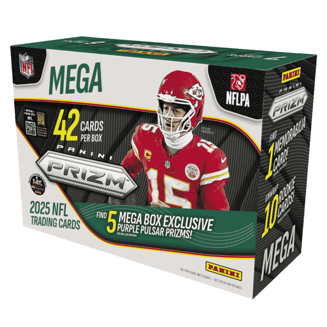 A 2025 Panini Prizm Football Mega Box featuring Patrick Mahomes on the packaging.