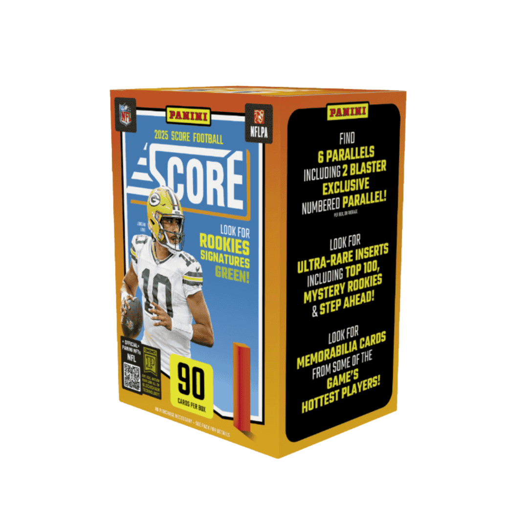 A 2025 Panini Score Football blaster box featuring Jordan Love on the packaging.
