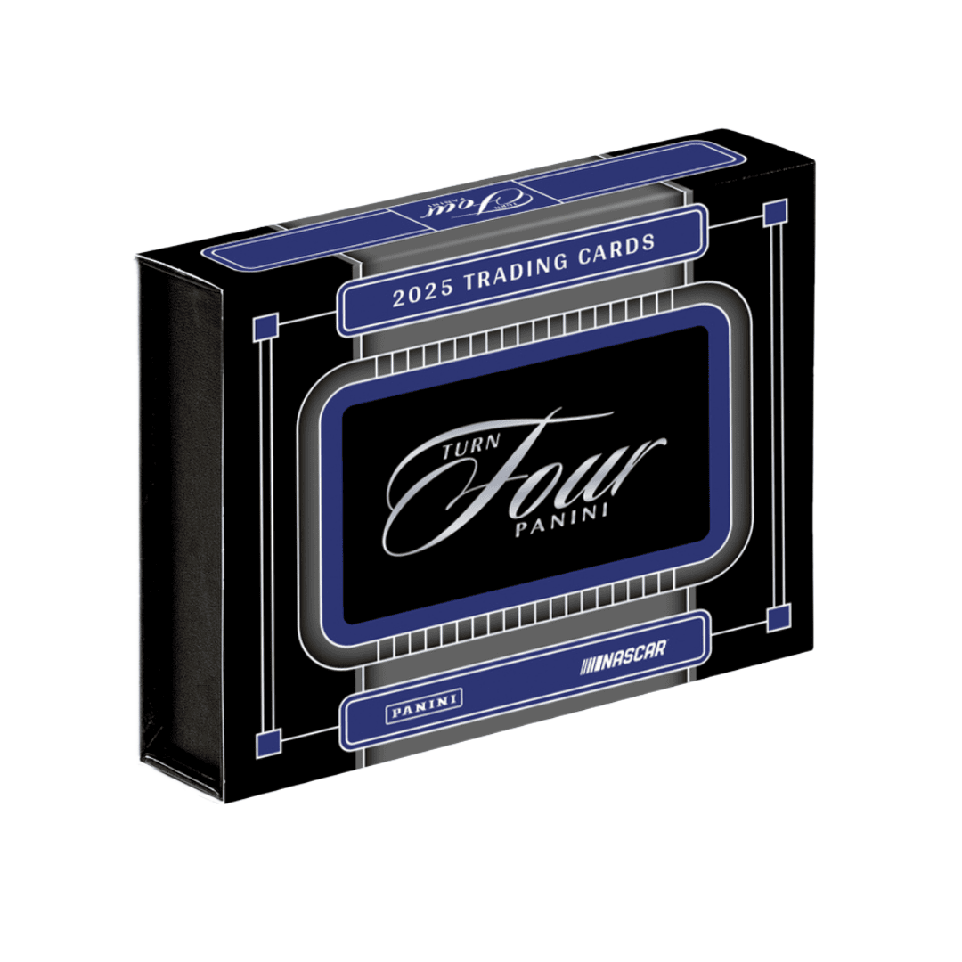A black and blue 2025 Panini Turn Four NASCAR trading card hobby box.