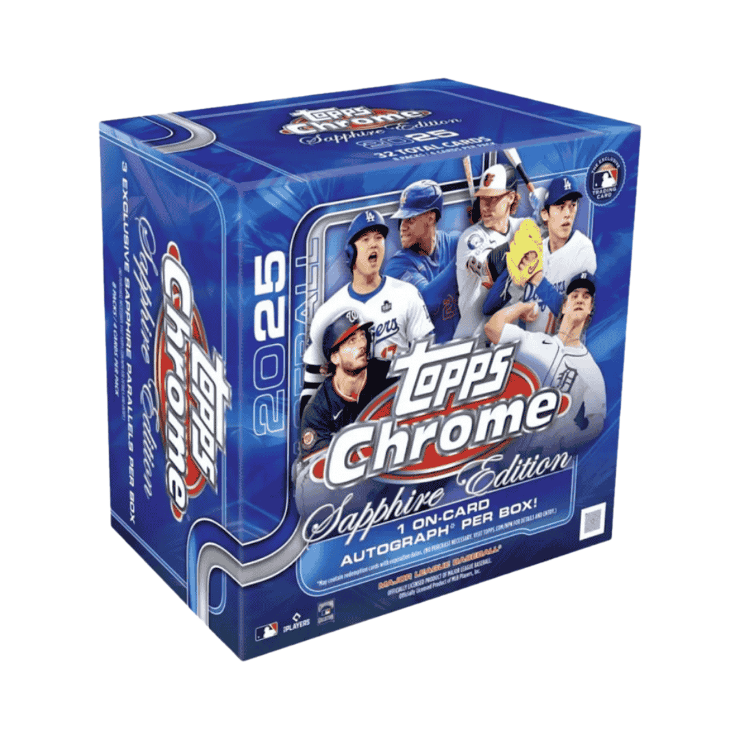 A 2025 Topps Chrome Baseball Sapphire Edition box featuring blue branding and player imagery.