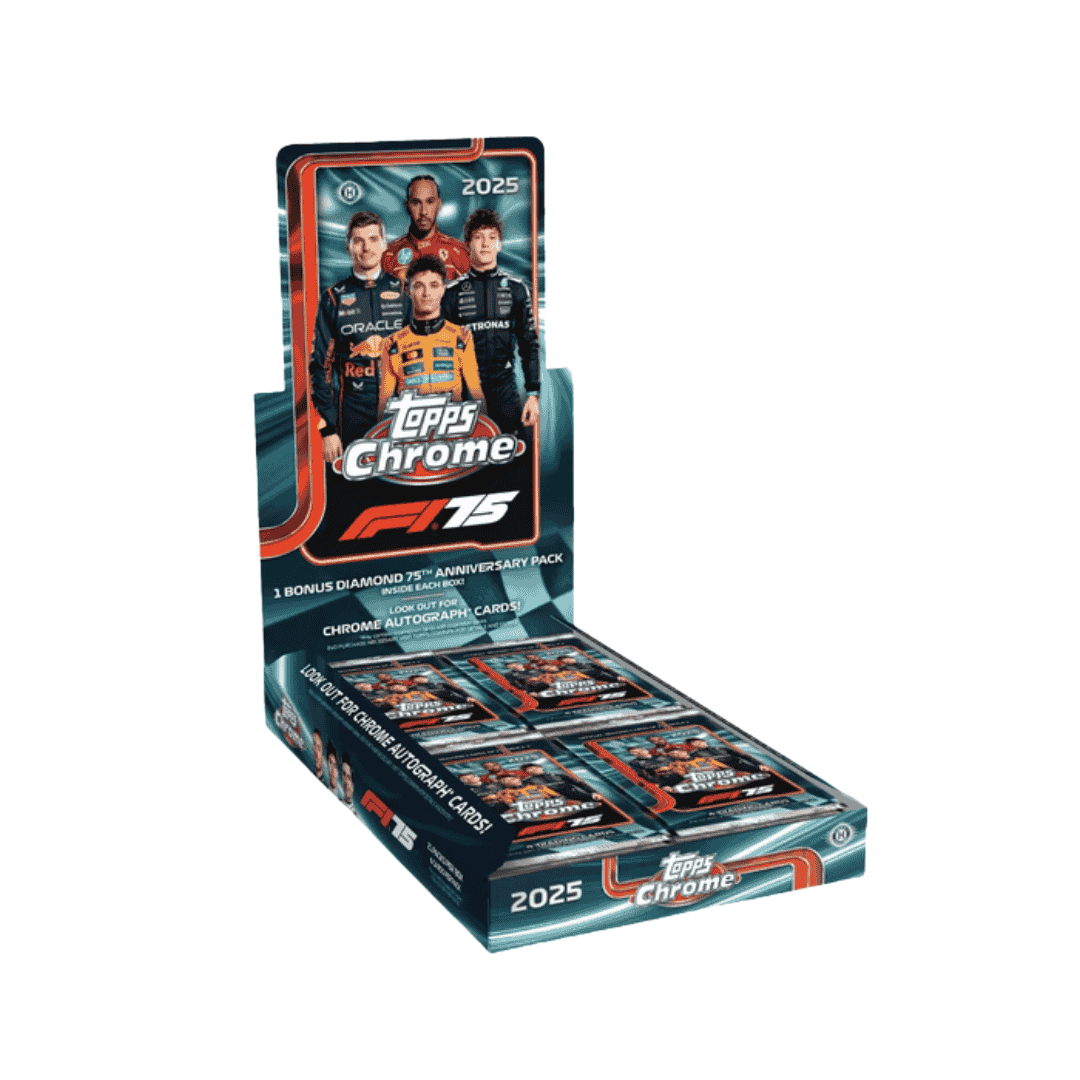 A 2025 Topps Chrome Formula 1 hobby box featuring images of racing drivers on the packaging.