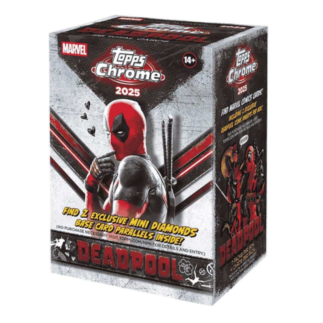 A 2025 Topps Chrome Marvel Deadpool blaster box featuring an image of Deadpool on the front.