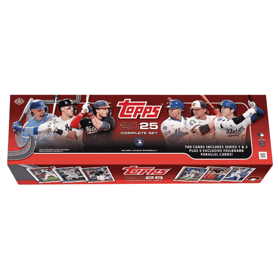 A 2025 Topps complete baseball factory set box featuring images of professional baseball players.