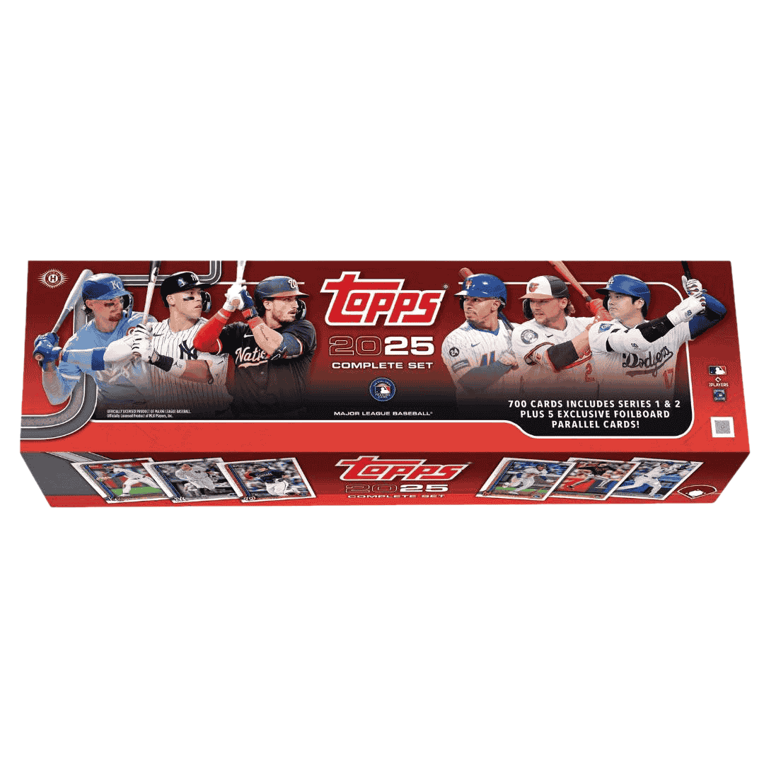 A 2025 Topps complete baseball factory set box featuring images of professional baseball players.