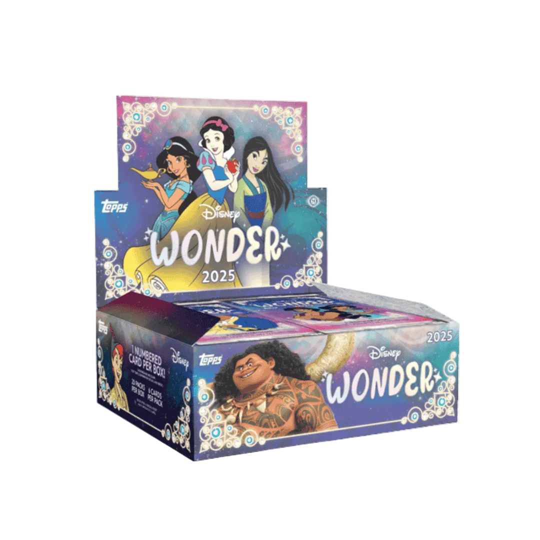 A 2025 Topps Disney Wonder hobby box featuring illustrations of various Disney characters.
