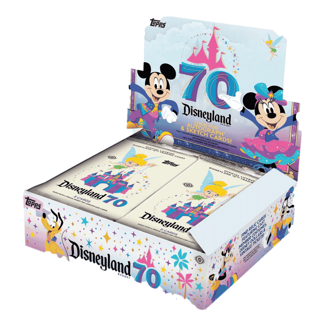 A 2025 Topps Disneyland 70th Anniversary hobby box featuring Mickey, Minnie, and Tinker Bell.