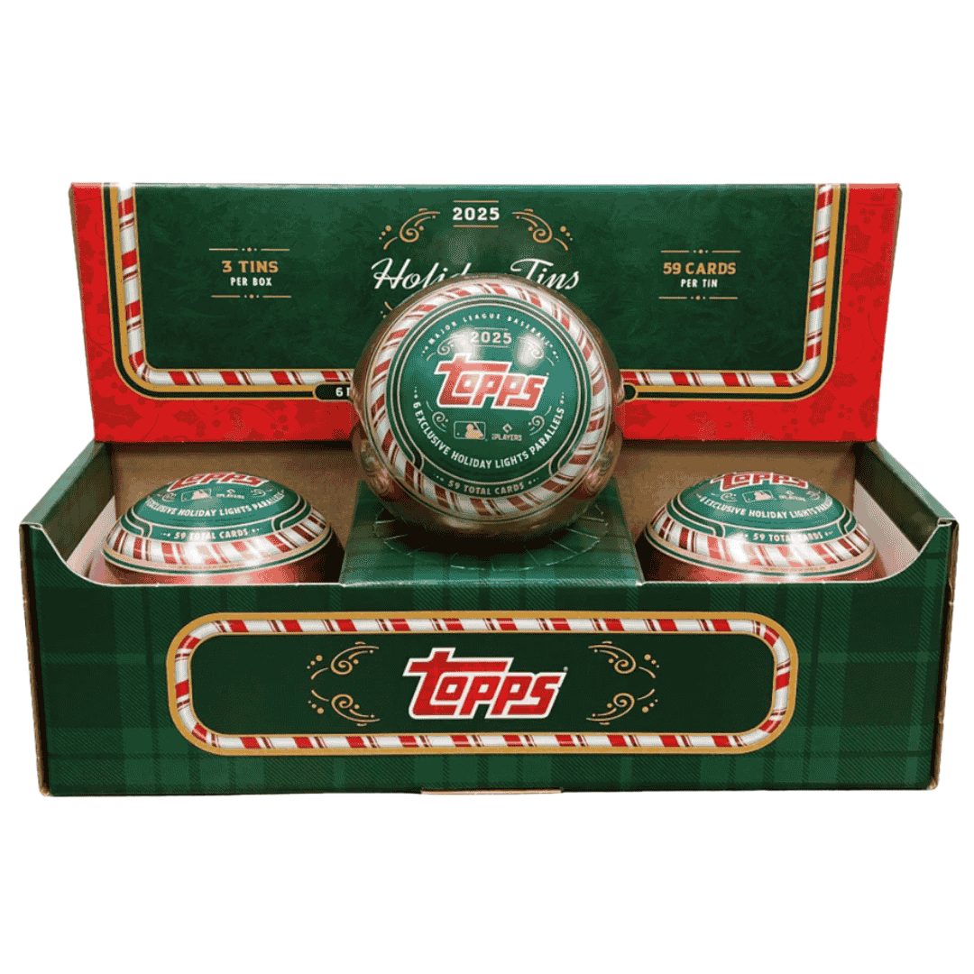 A 2025 Topps Holiday Baseball display box containing three festive, round collector tins.