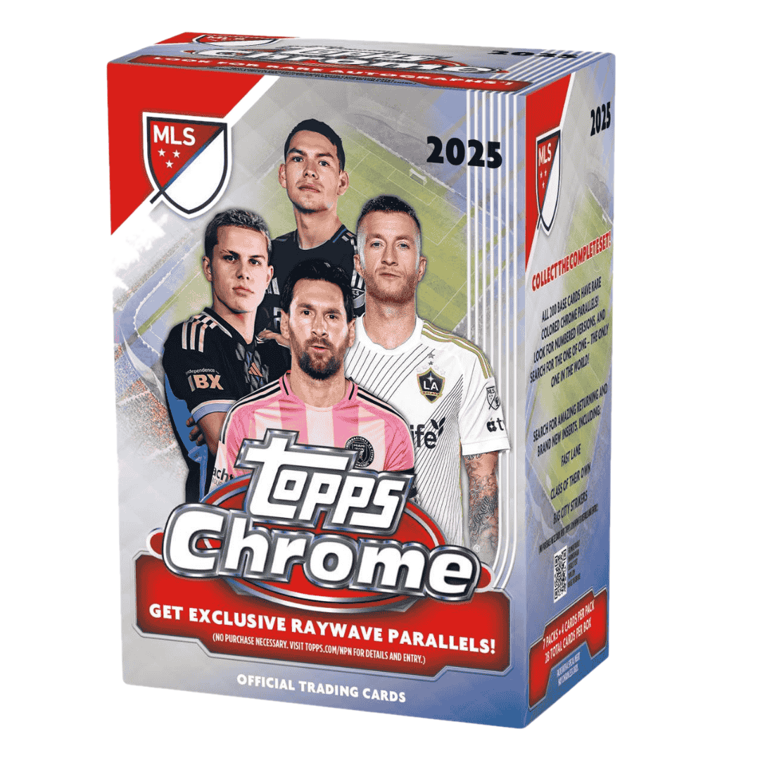 A 2025 Topps MLS Chrome soccer blaster box featuring four players on the front packaging.