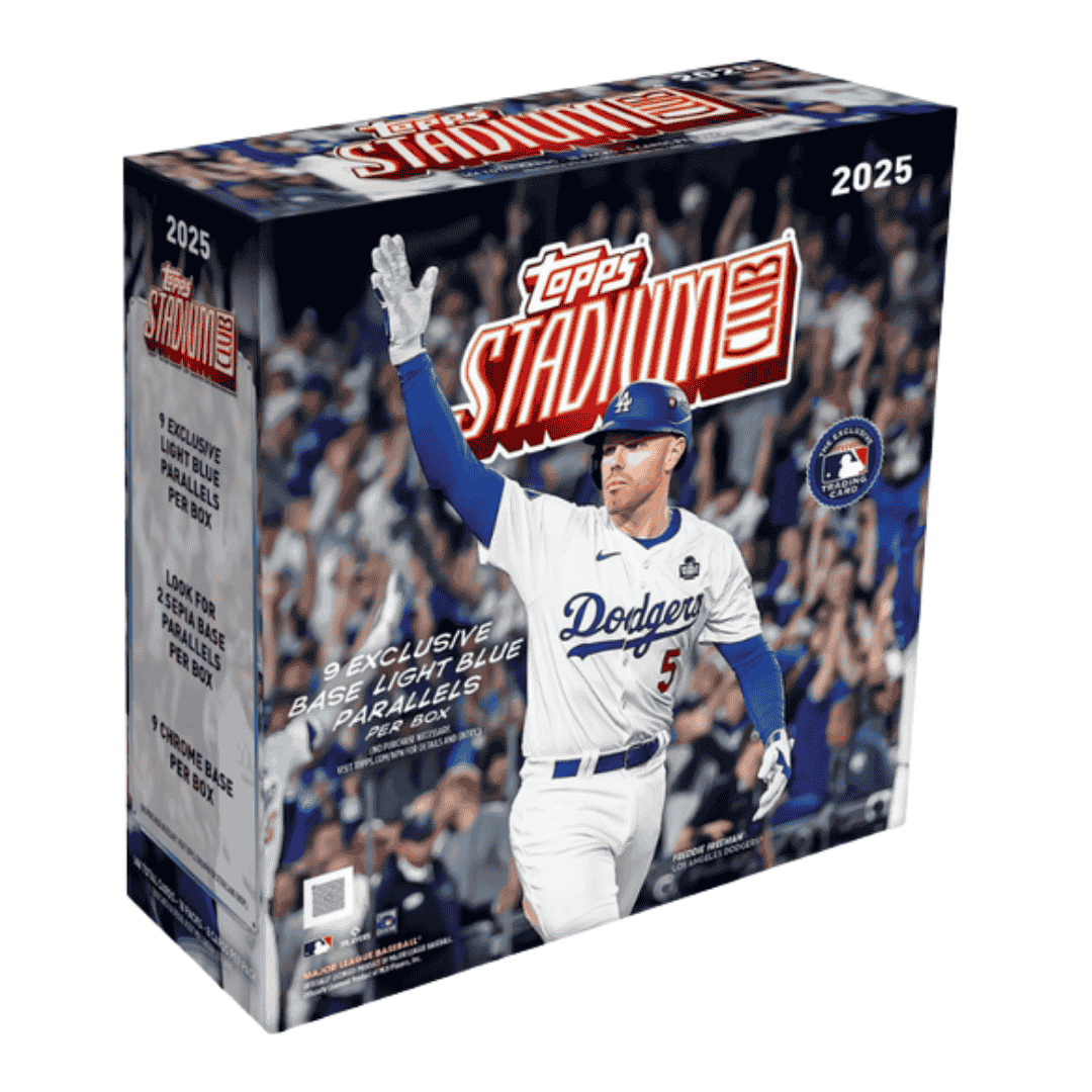 A 2025 Topps Stadium Club Baseball mega box featuring Freddie Freeman on the packaging.