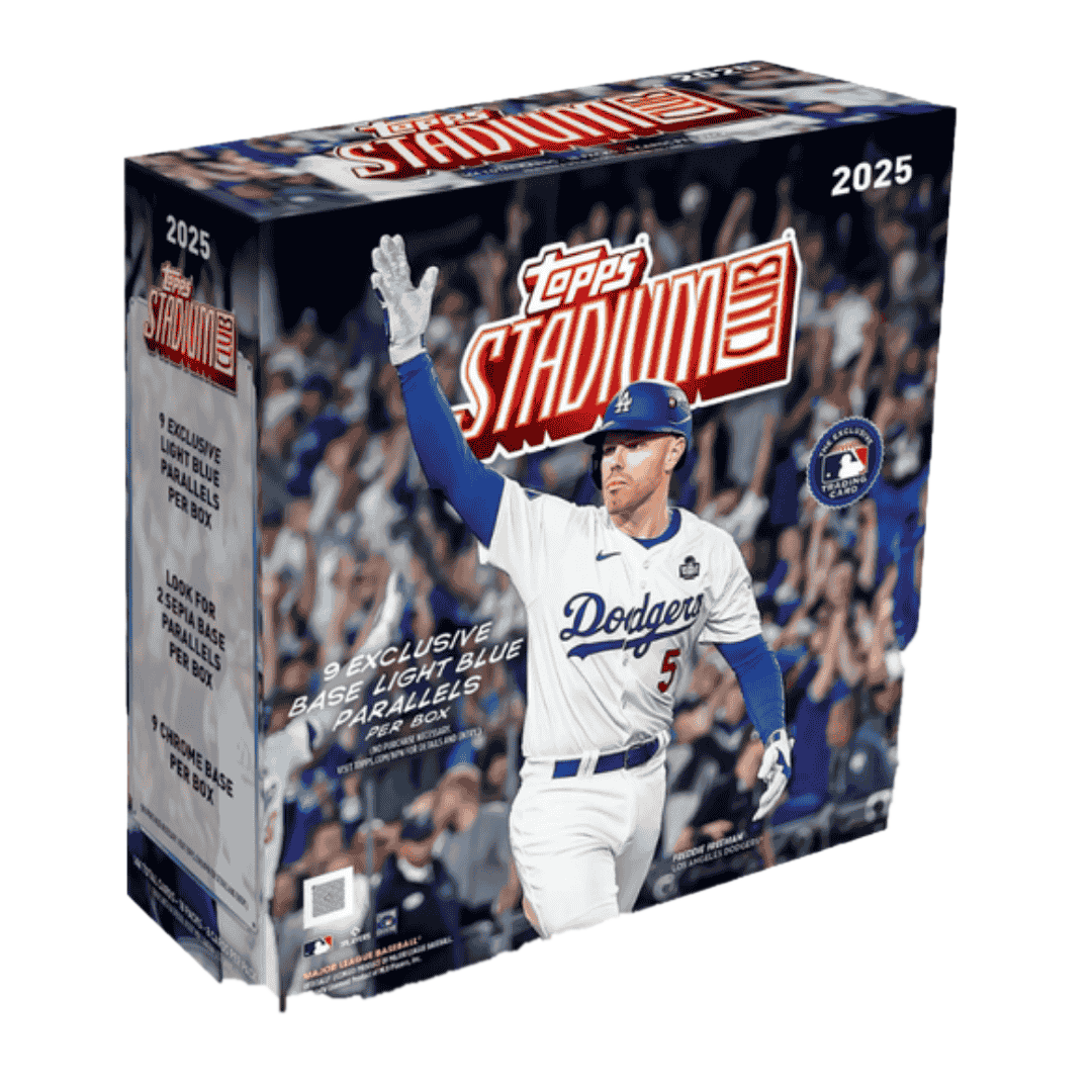A 2025 Topps Stadium Club Baseball mega box featuring Freddie Freeman on the packaging.