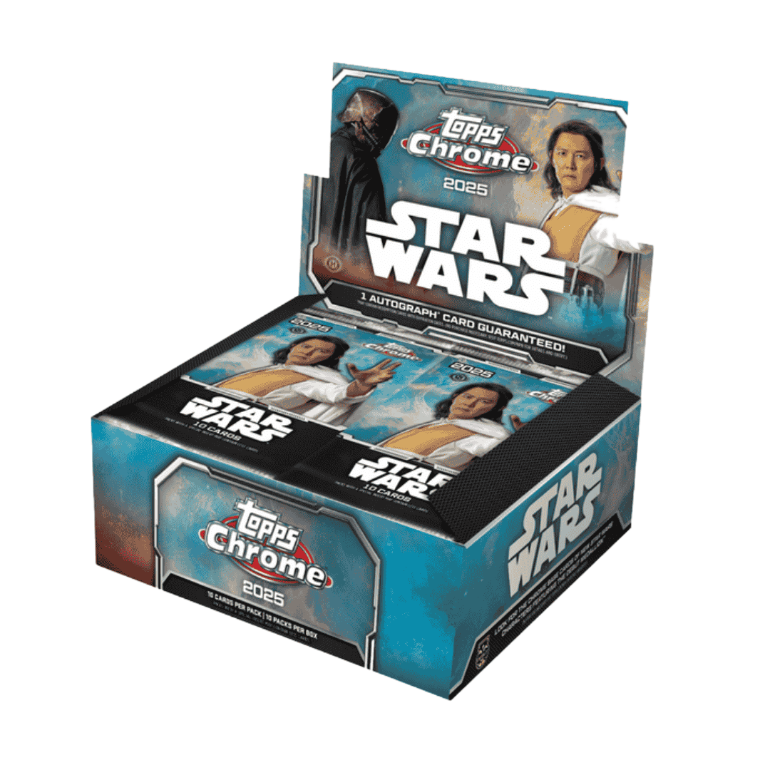 A 2025 Topps Star Wars Chrome hobby box featuring character artwork on the packaging.