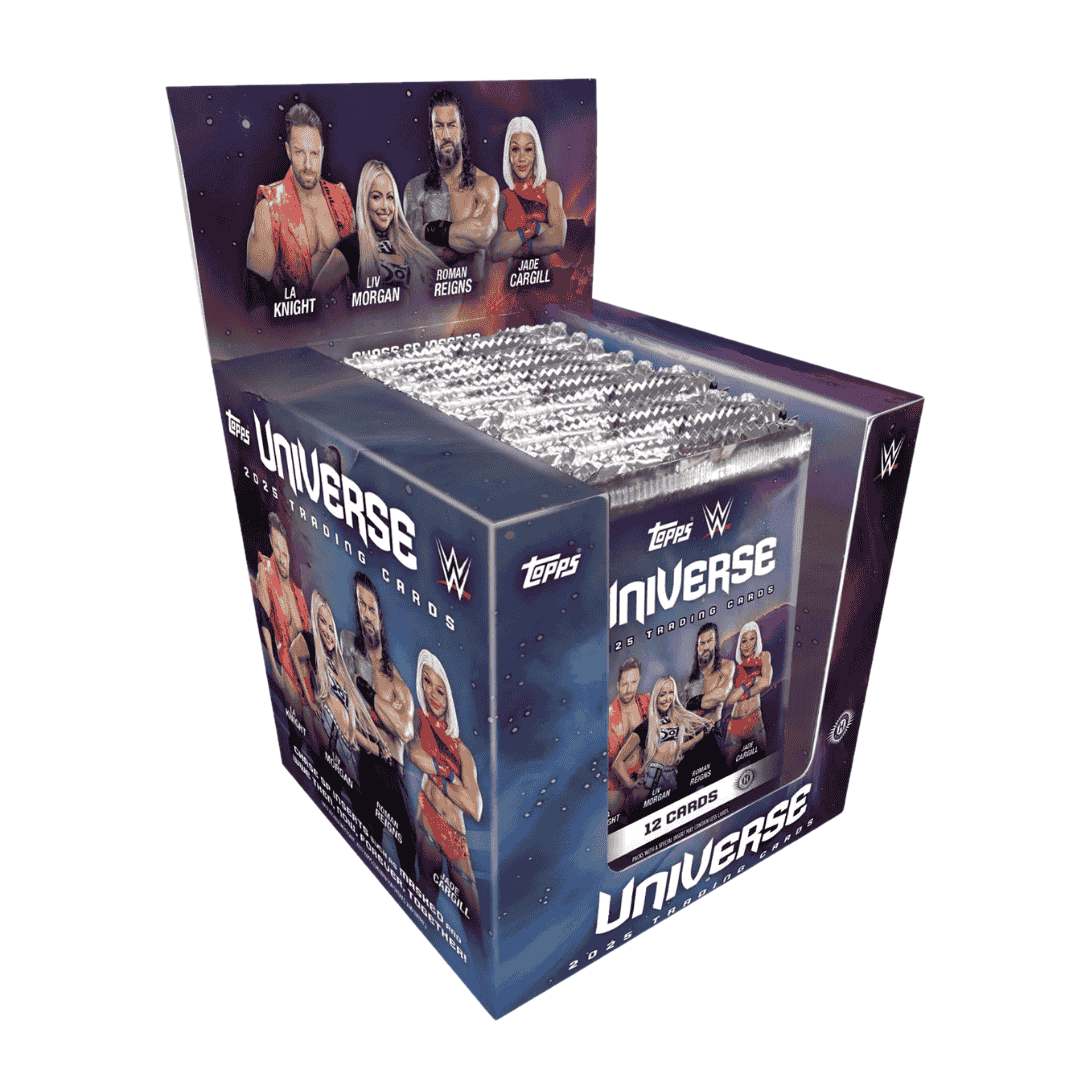 A 2025 Topps WWE Universe hobby box filled with packs of wrestling trading cards.