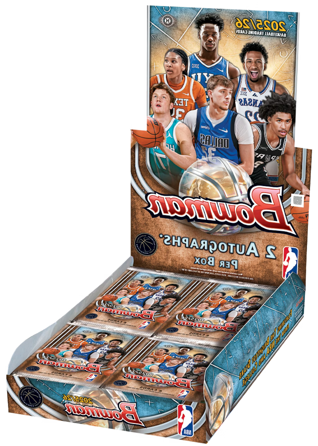 A 2025-26 Bowman Basketball hobby box featuring images of college and professional players.