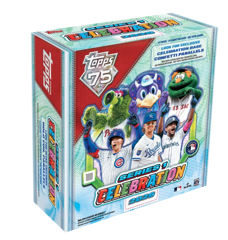A 2026 Topps Series 1 Baseball Celebration Mega Box featuring mascots and players on the cover.
